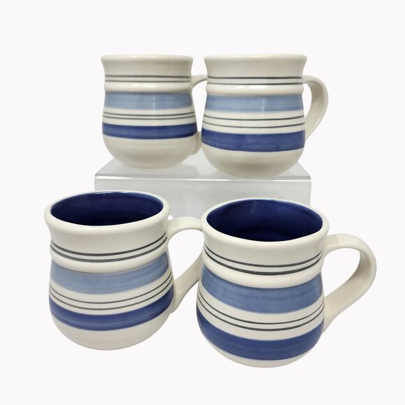 Pfaltzgraff Rio Mugs Set of 4 Blue Stripe Stoneware Coffee Cups Mexico Vintage - Picture 1 of 5
